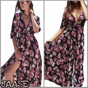 Jaase Indiana Floral Button Bodice Split Front Maxi Dress S Boho Gypsy Indie